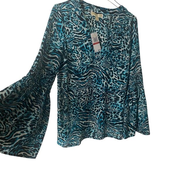 Michael Kors blouse bell sleeves size XS black blue long sleeve V Neck tunic NWT - Picture 4 of 8